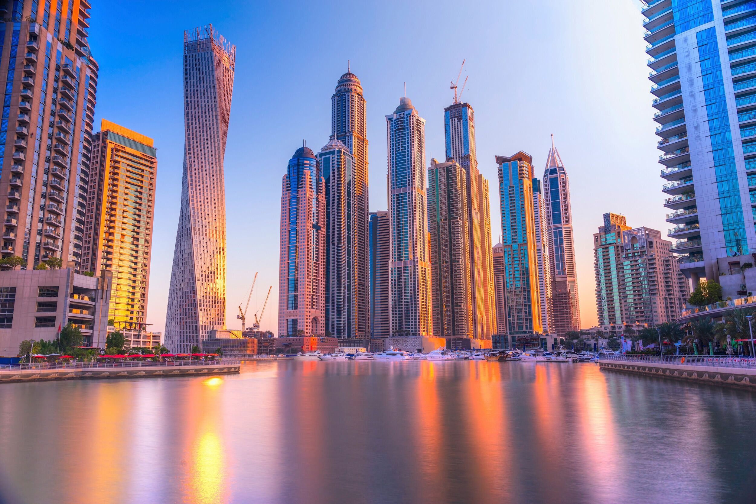 Fototapete PAPERMOON "DUBAI SKYLINE-MARINA EMIRAT CAYAN TOWER MEER KHALIFA", bunt, B:3,5m L:2,6m, Vlies, Tapeten, Fototapete bunt B/L: 3,5m x 2,6m, Bahnen: 7 Stk.