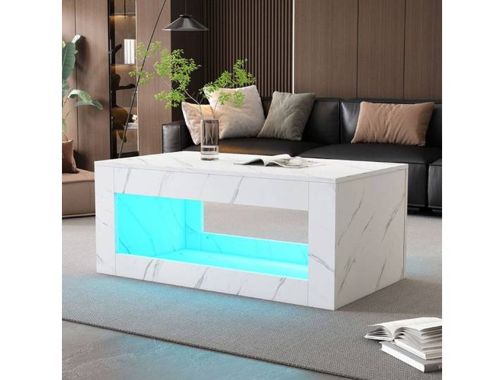 Table basse salon LED blanche effet marbre moderne brillante avec télécommande grande table d'appoint design contemporain