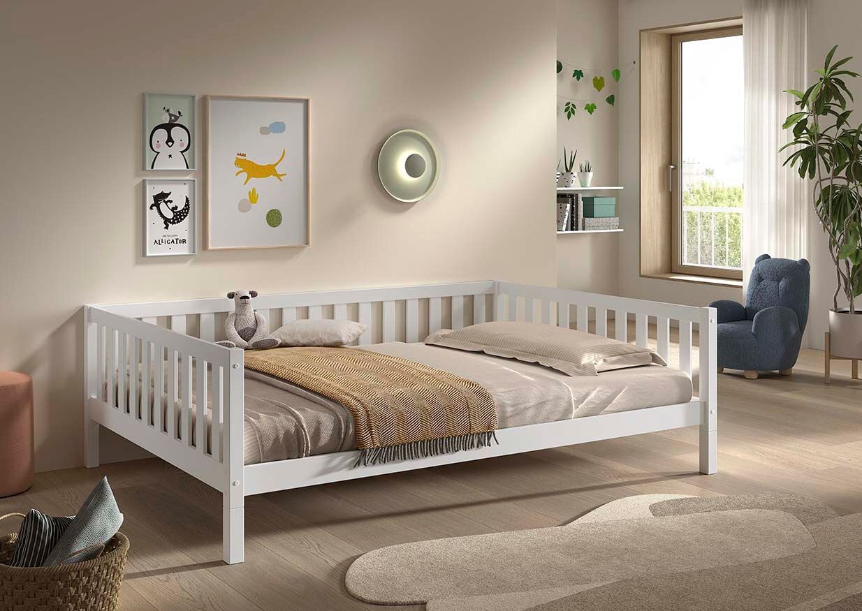 Kinderbett VIPACK "Dallas, Massivholzbett, umbaubar vom Boden- zum Daybett", weiss (kiefer weiß, kiefer weiß, kiefer weiß), B:147cm H:66cm L:210cm, Betten, Kinderbett, stabil und standfest gebaut, wahlweise Kiefer massiv natur oder weiss kiefer weiß, kief