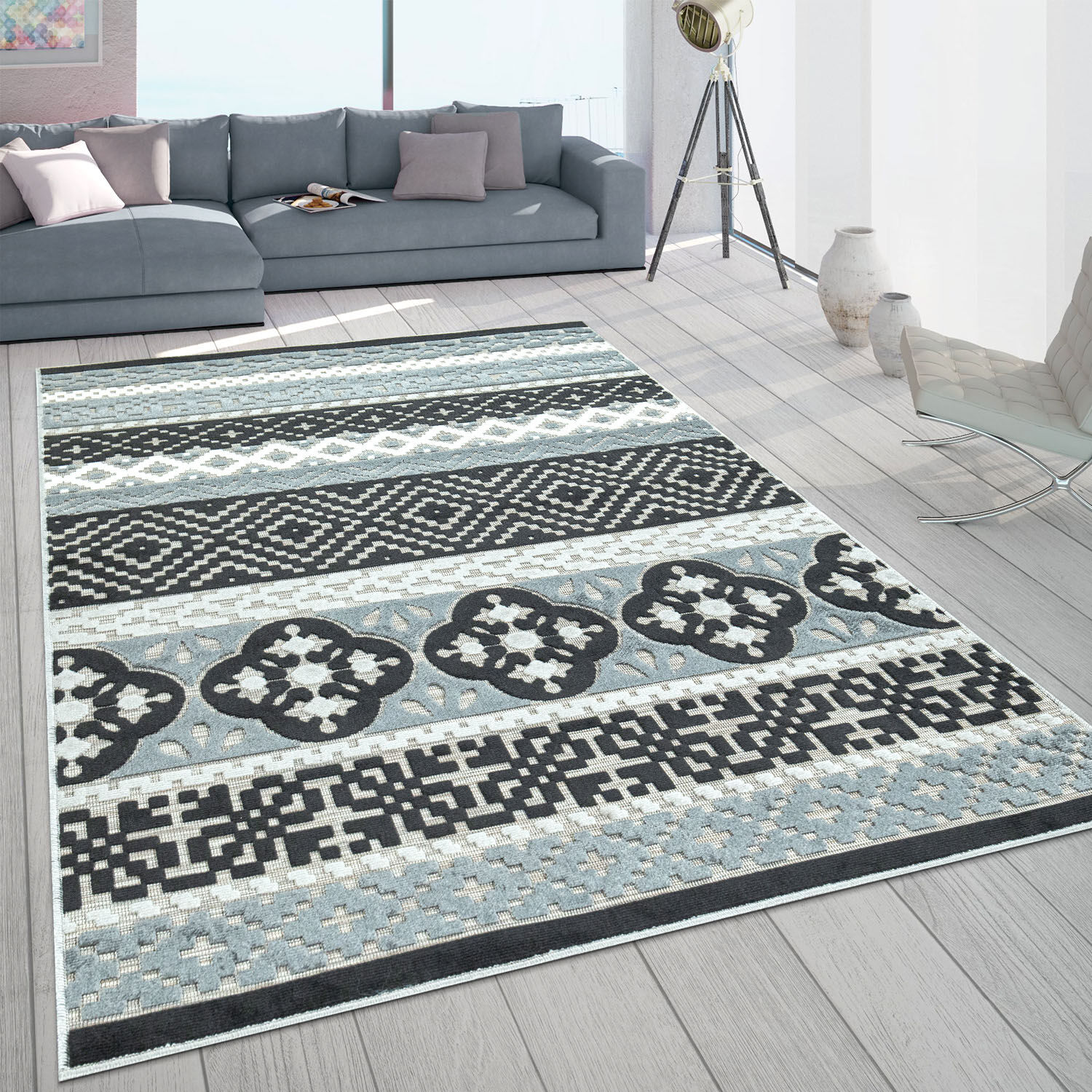 Teppich PACO HOME "Charleroi 491", schwarz, B:80cm H:3mm L:150cm, Polypropylen, Teppiche, Teppich, 3D-Design, In- und Outdoor geeignet, Wohnzimmer schwarz B : 80cm 1 Stk., 3mm, L: 150cm