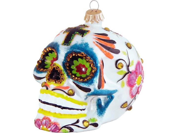 Christbaumschmuck KREBS GLAS LAUSCHA Totenkopf, Weihnachtsdeko, Christbaumschmuck , bunt, B:5,5cm H:6,5cm T:5cm, Glas, Weihnachtsbaumschmuck, Christbaumschmuck, mundgeblasen, mit mexikanischer Dekoration