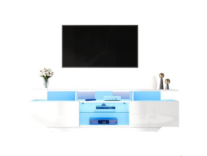 Meuble TV 160x40x45 cm avec LED 2 portes 8 étagères MDF finition haut brillant pour TV 70 pouces