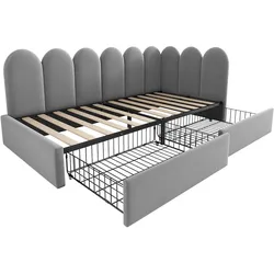 MODFU Polsterbett Samt Grau 90x200 cm, Tagesbett mit 2 Schubladen, Lattenrost und austauschbaren Seitenteilen