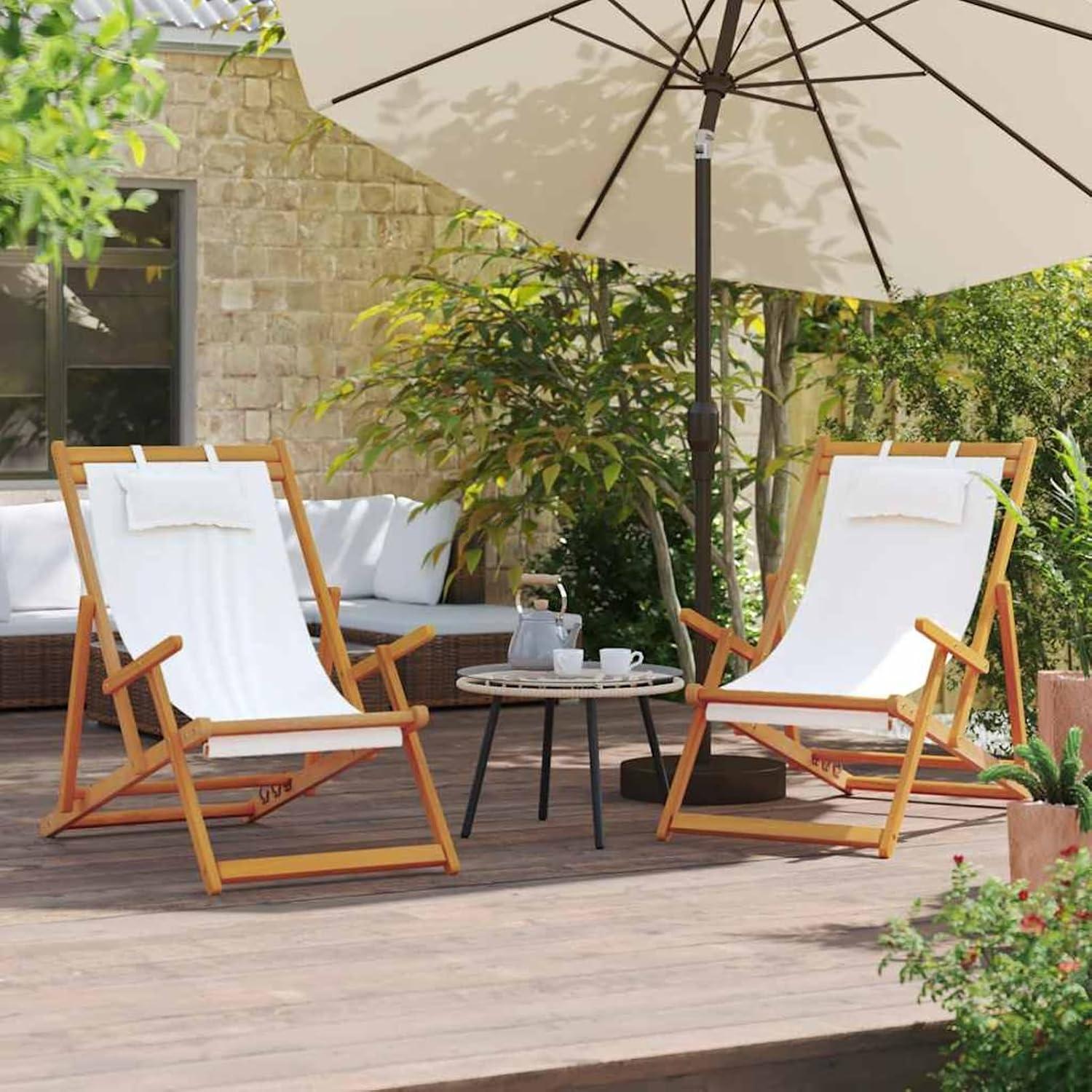 2 klappbare Strandstühle in Creme aus Stoff für Strand, Garten, Pool und Festival