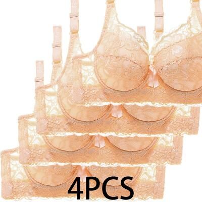 LightInthebox 4PCS Women's Lace Bras Padded Bras Underwire Bras Full Coverage 3/4 Cup Breathable Pure Color Hook Eye Sport 1PC White Pink