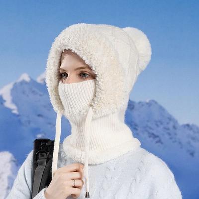 Uplift Essentials Integrated Velvet Knitted Balaclava Thermal Ear Protection And Hooded Mask white