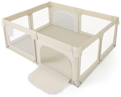 Costway 75 x 59 Inch Large Baby Playpen with Breathable Mesh and Zipper Doors-Beige