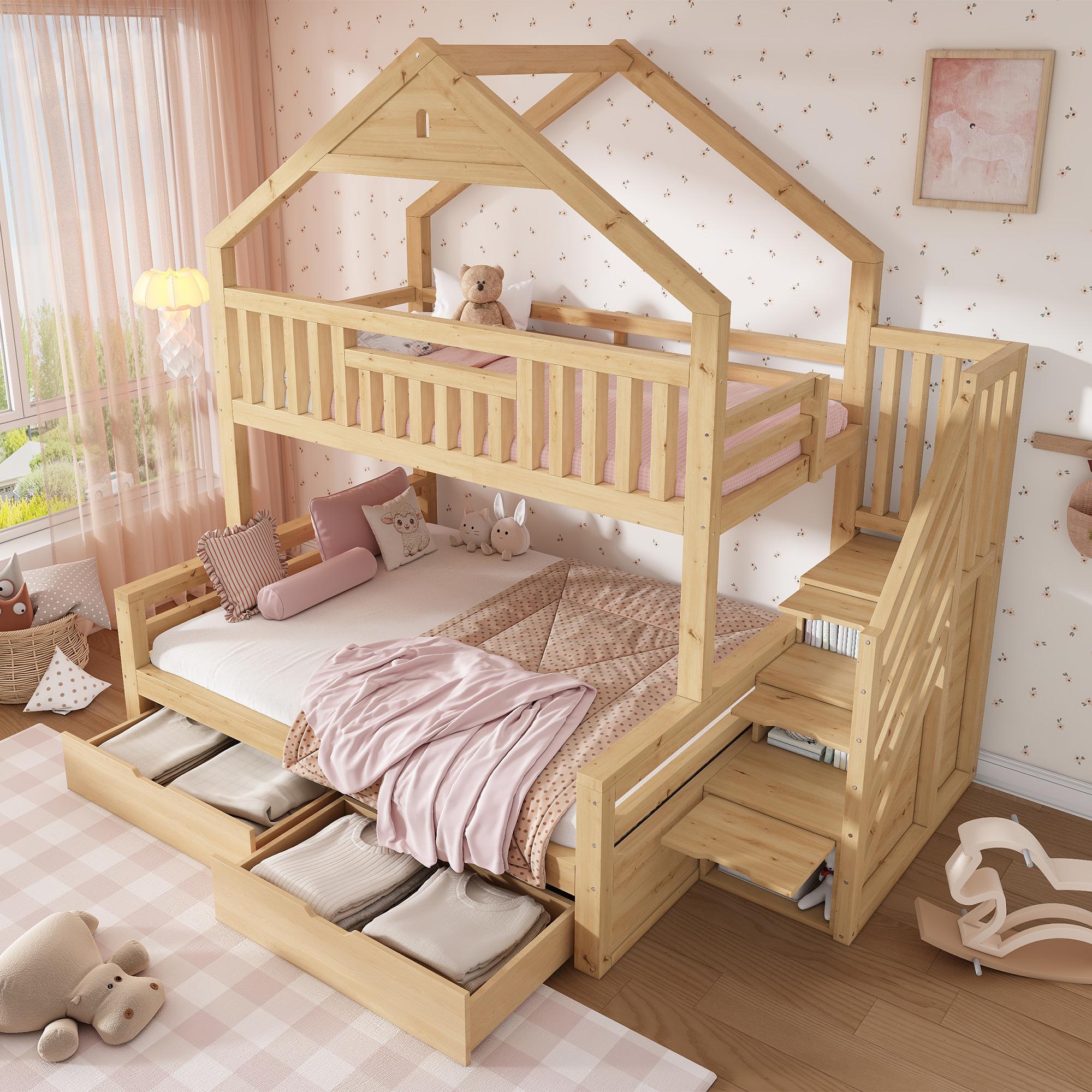 Kinderetagenbett mit Treppe, 90 x 200 cm und 140 x 200 cm, Hausbett mit Giebeldach, Eichefarben