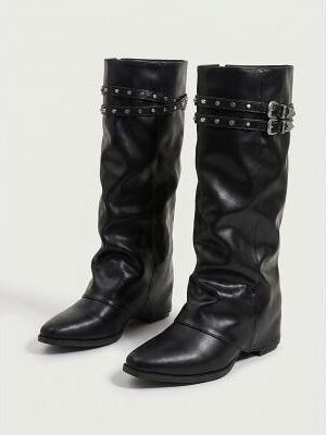 LightInthebox Women's Black Leather Star Studded Pirate Boots - Gothic Buckle Strap Knee High Boots for Halloween Costumes, Cosplay Renaissance Fairs