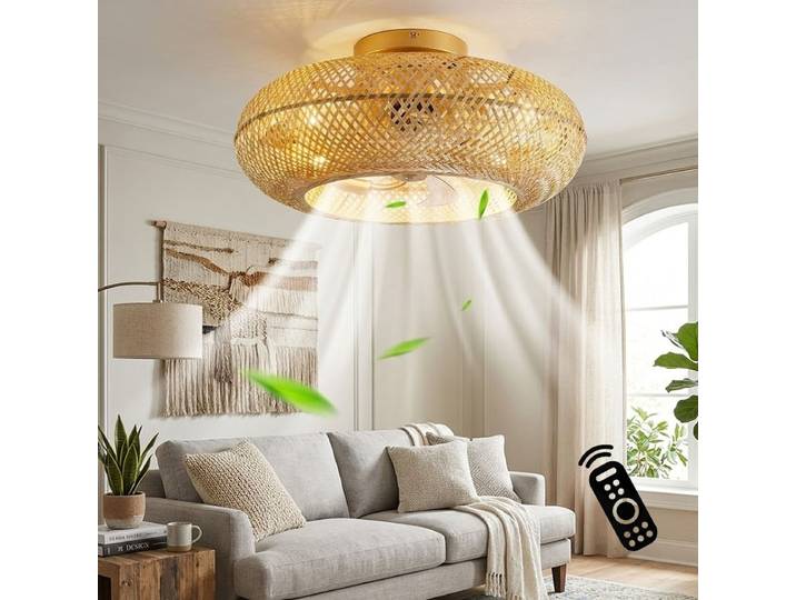 Ventilateur de plafond en bambou avec télécommande, ventilateur de plafond en cage, ventilateur de plafond encastré, ventilateur de plafond à pales invisibles rétractables