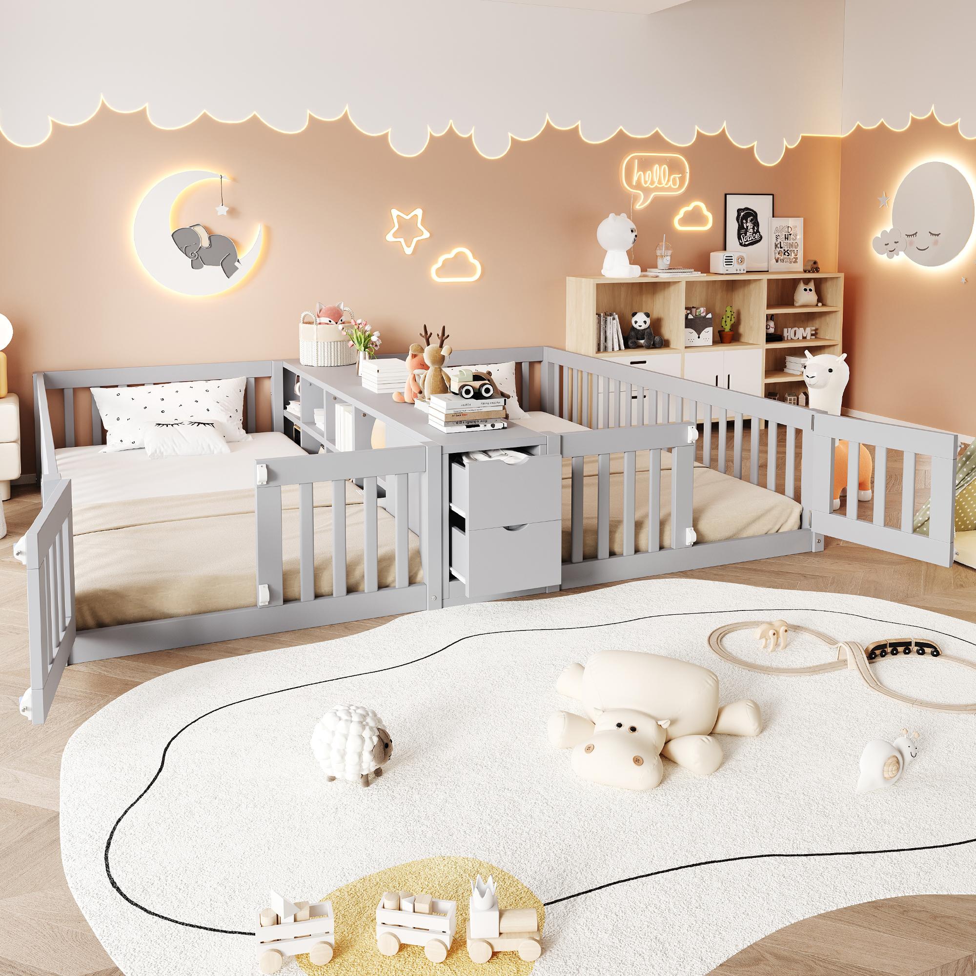 STILVORA Holzbett 90x200 cm mit einer Matratze Jugendbett mit Schublade und Regal, Kinderbett mit Sicherheitsgitter, Doppelbettgestell mit hohen Gittern Grau