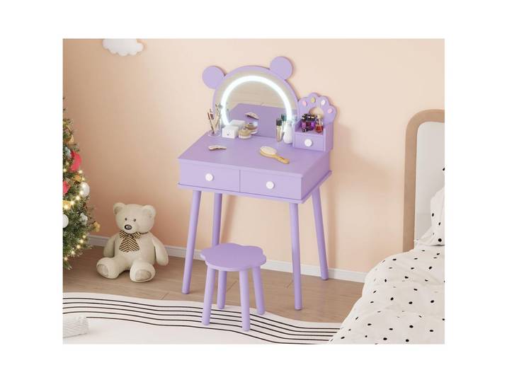 GarveeMore Schminktisch Kinderschminktisch Mit Stuhl Set Mit Beleuchtetem Spiegel