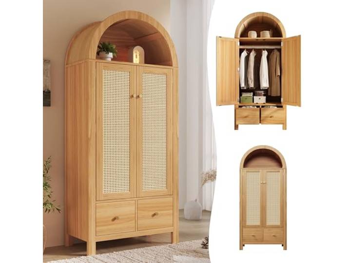 Elaimoros Kleiderschrank 181x78x45 cm mit Rattan-Flechten, Landhausstil in Eicheoptik, offene halbrunde Ablage, 2 Türen mit Magnetverschluss, 2 Schubladen, Kleiderstange und Kippsicherung