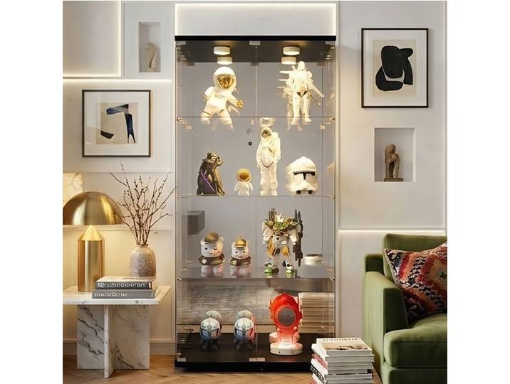 Vitrine d Exposition 164cm - 2 Portes 4 Niveaux - Dos Miroir et Eclairage LED - Verre Trempe Reinforced - Noir