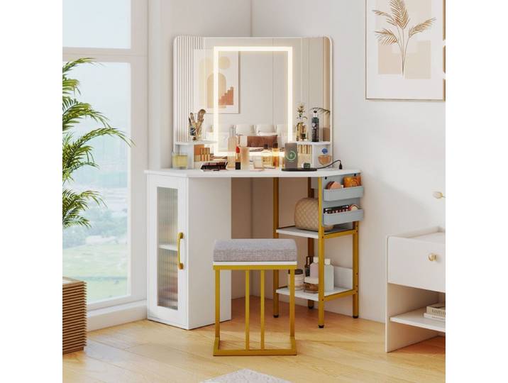 Coiffeuse avec Miroir LED et Tabouret - RELAX4LIFE - Miroir Triple - Lumière Réglable - Prises Électriques - Coussin Amovible