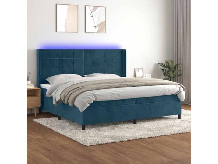 RJPLMFV Boxspringbett mit Matratze und LED, Dunkelblau, 200 x 200 cm Weiches Velours, verstellbares Kopfteil, Taschenfedern, Matratzenschutz, USB 5 V