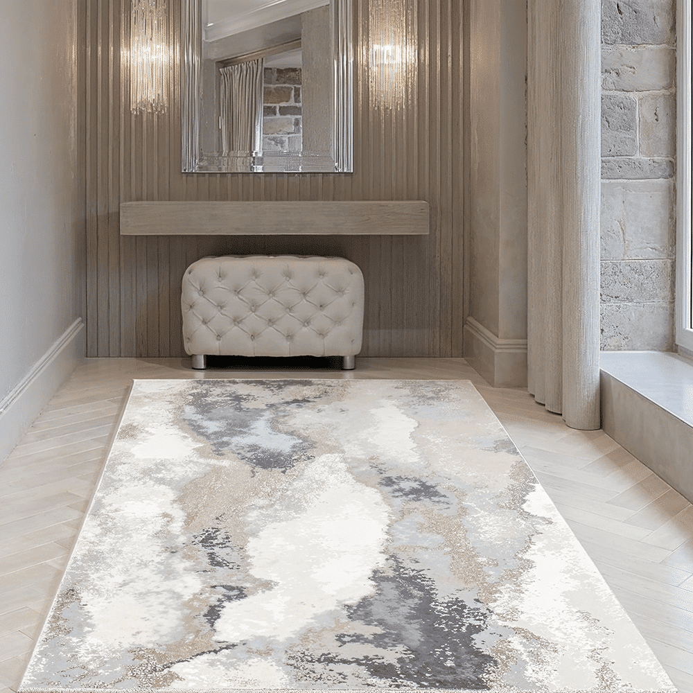Caselle Grey & Cream Metallic Abstract Rug, 120 x 170cm
