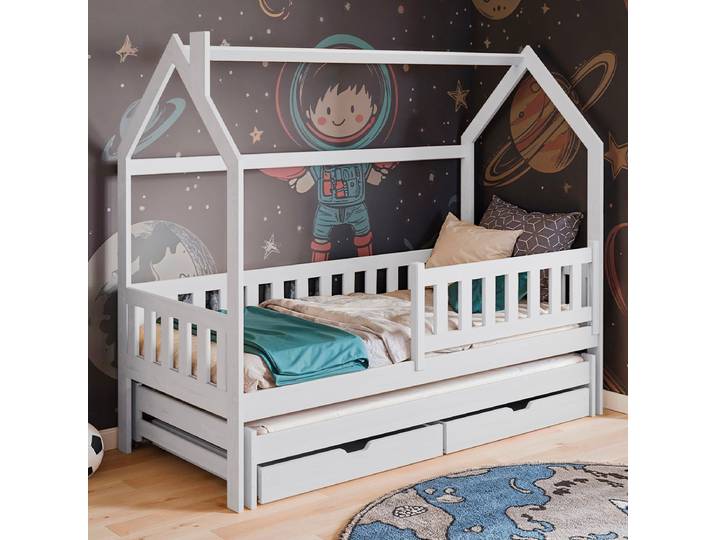 Lit cabane 90x200 sommiers lit gigogne et tiroirs Eliott Blanc