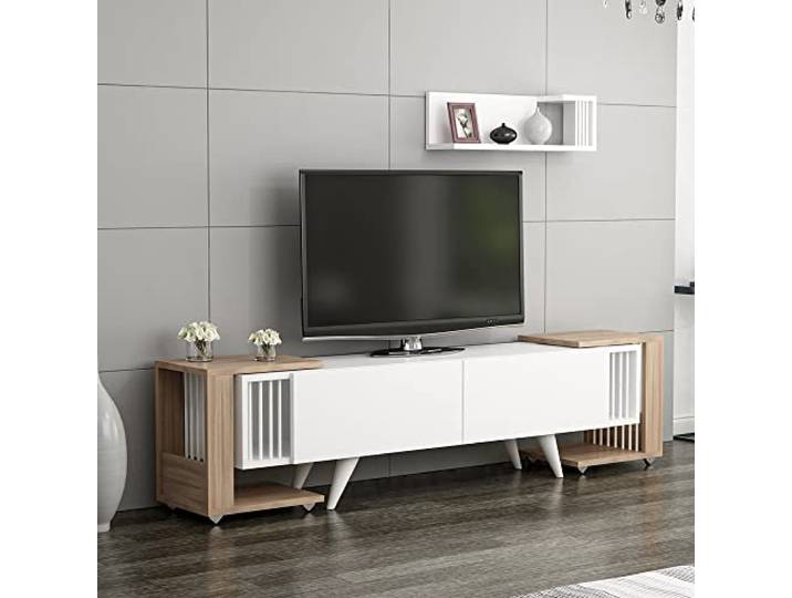 [en.casa] TV Schrank Glostrup TV Lowboard mit Wandregal TV Board Set mit 2 Beistelltischen Fernsehtisch mit Stauraum Wohnzimmer Eiche-Optik Weiß