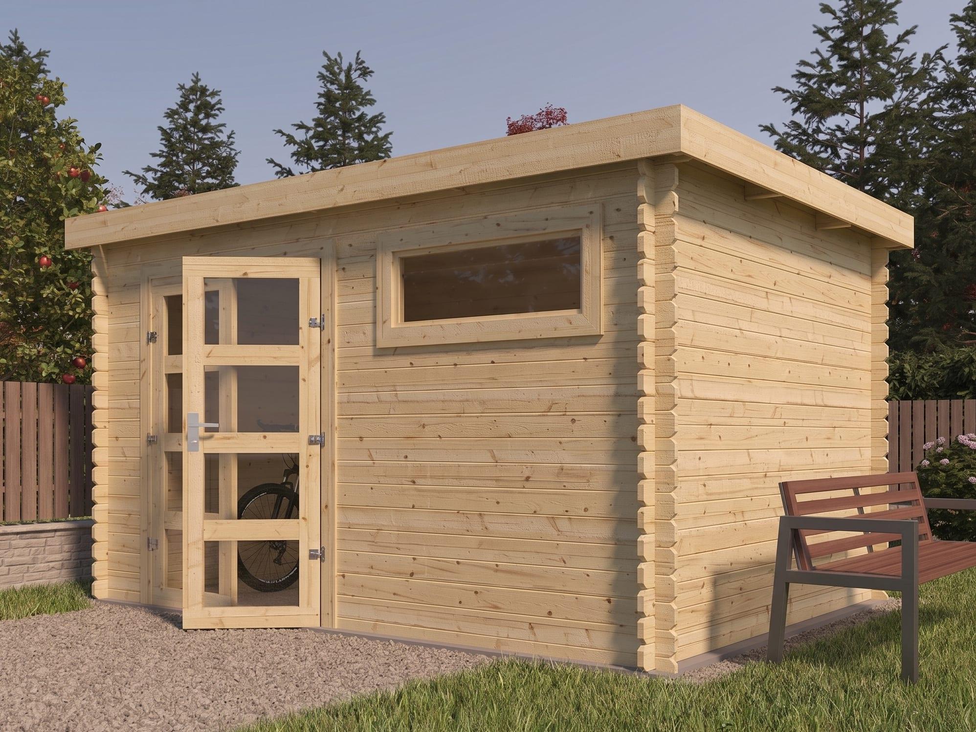 WOODTEX Fichte Gartenhaus Todd Blockbohlenhaus 28 mm Wandstärke, Pultdach Massivholz, Einzelfenster Echtglas, Doppeltür mit Profilzylinderschloss, 8,4 m² Grundfläche