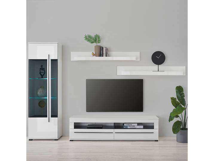 Wohnwand 4-teilig - 2 Wandboards Spanplatte, beschichtet Weiß/Hochglanz Weiß 240cm