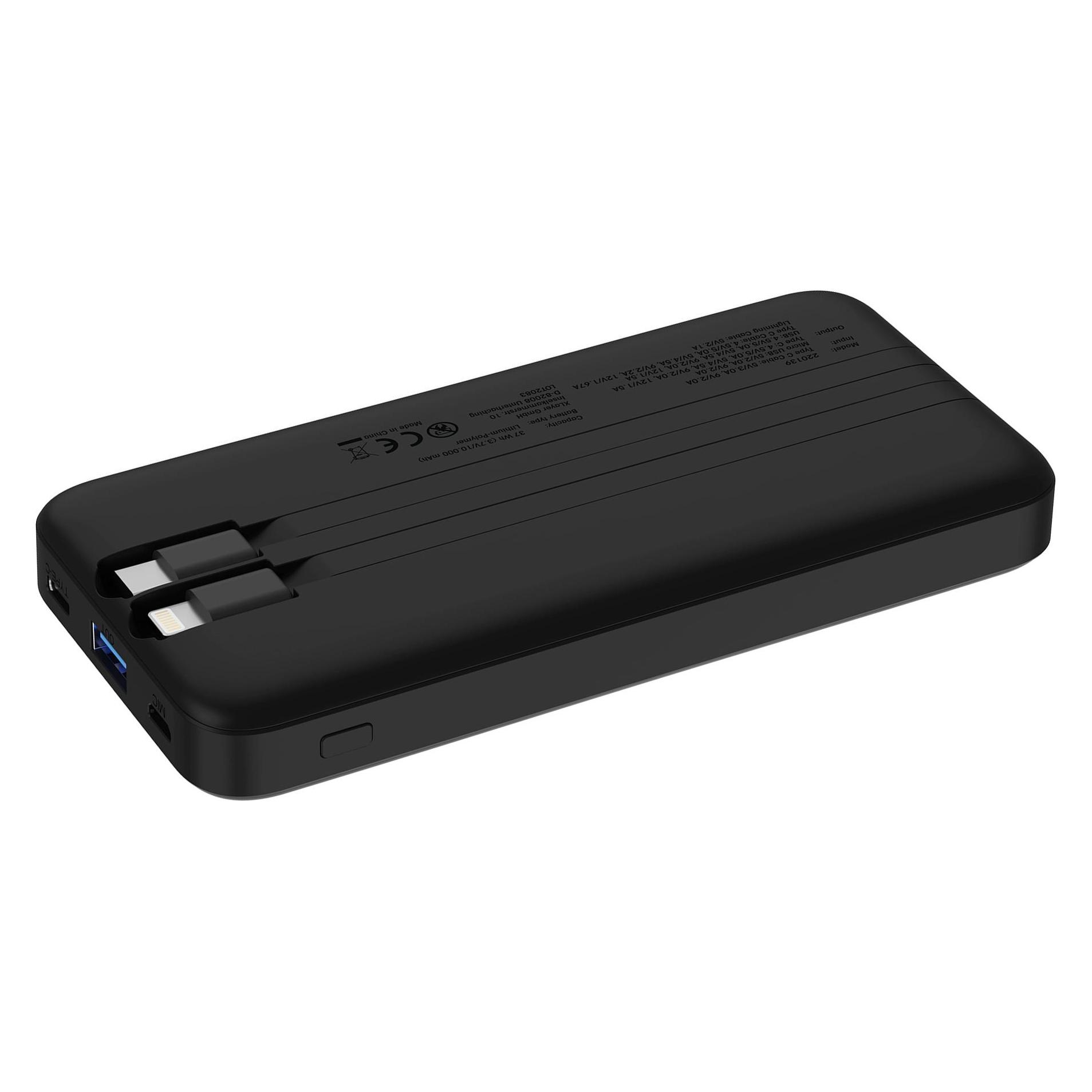 Xlayer Powerbank 10.000 mAh mit zwei integrierten Kabeln PD 20W Black (10000 mAh, 20 W, 37 Wh) (220139)