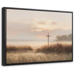 LEINWAND Bilder mit Rahmen - Gras - Morgennebel - Kreuz - Christentum - 60x40