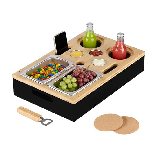 Relaxdays Couchbar van bamboe met accessoires en rvs schaaltjes, zwart