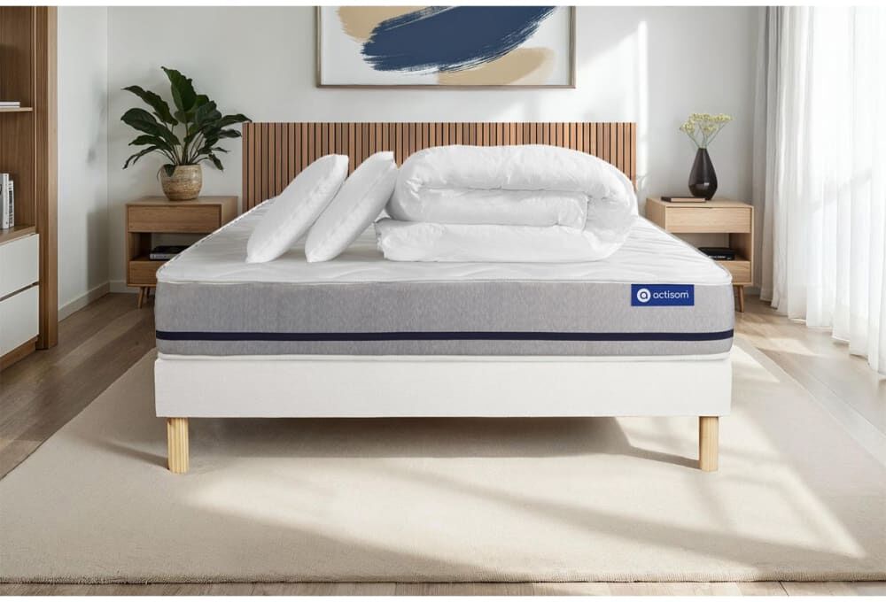 Actisom Pack sommier kit matelas ressorts ensachés 140x190 blanc complet Blanc 190x49x140cm
