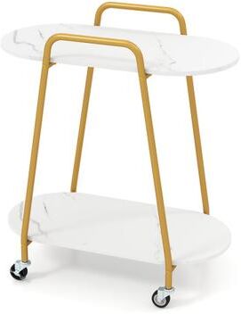 Costway 2-Tier Rolling End Table with Faux Marble Surfaces for Small Spaces-White