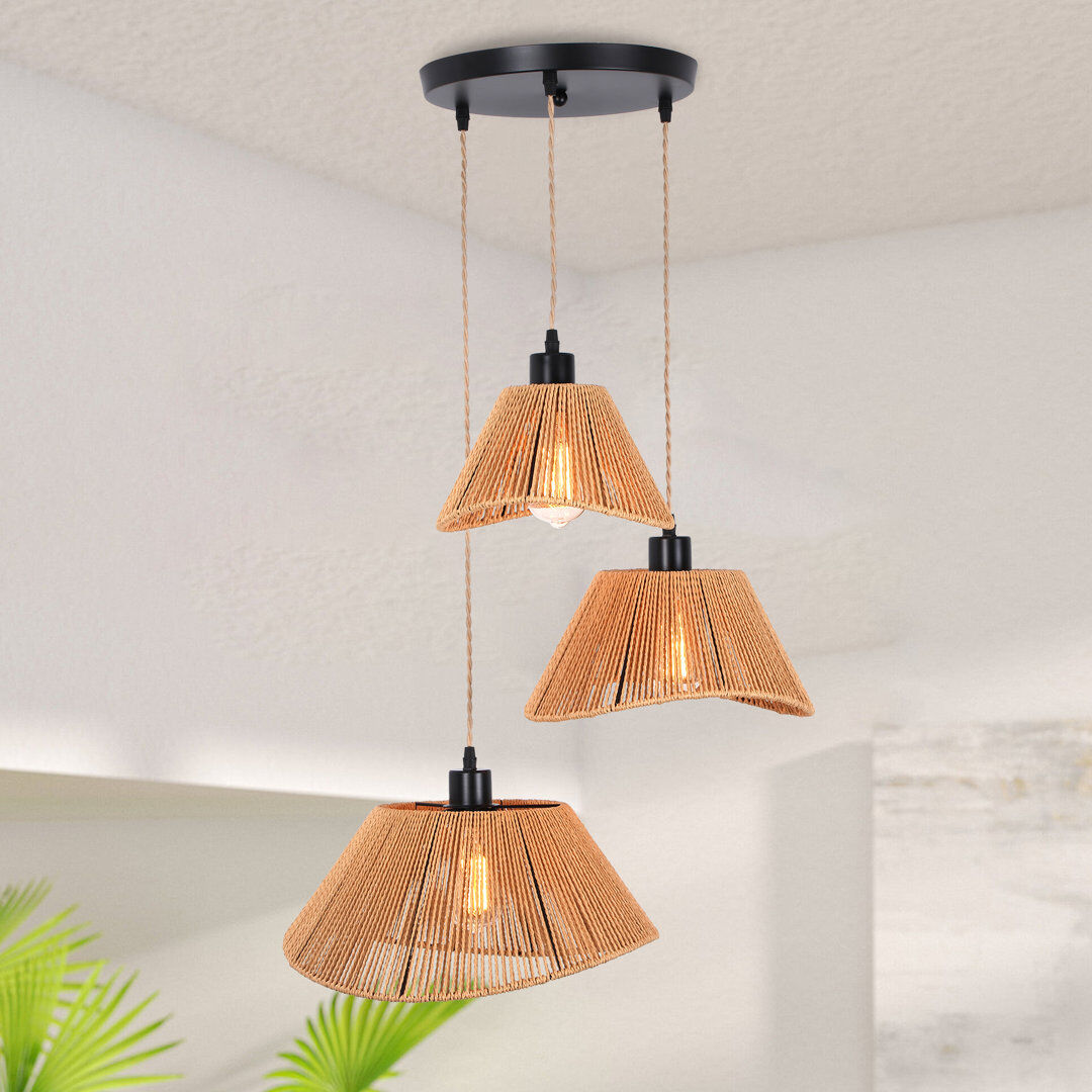 Blue Elephant Industrial 3 - Light Rattan Farmhouse Boho Cluster Pendant Light Black 18cm H X 56cm W X 46cm D