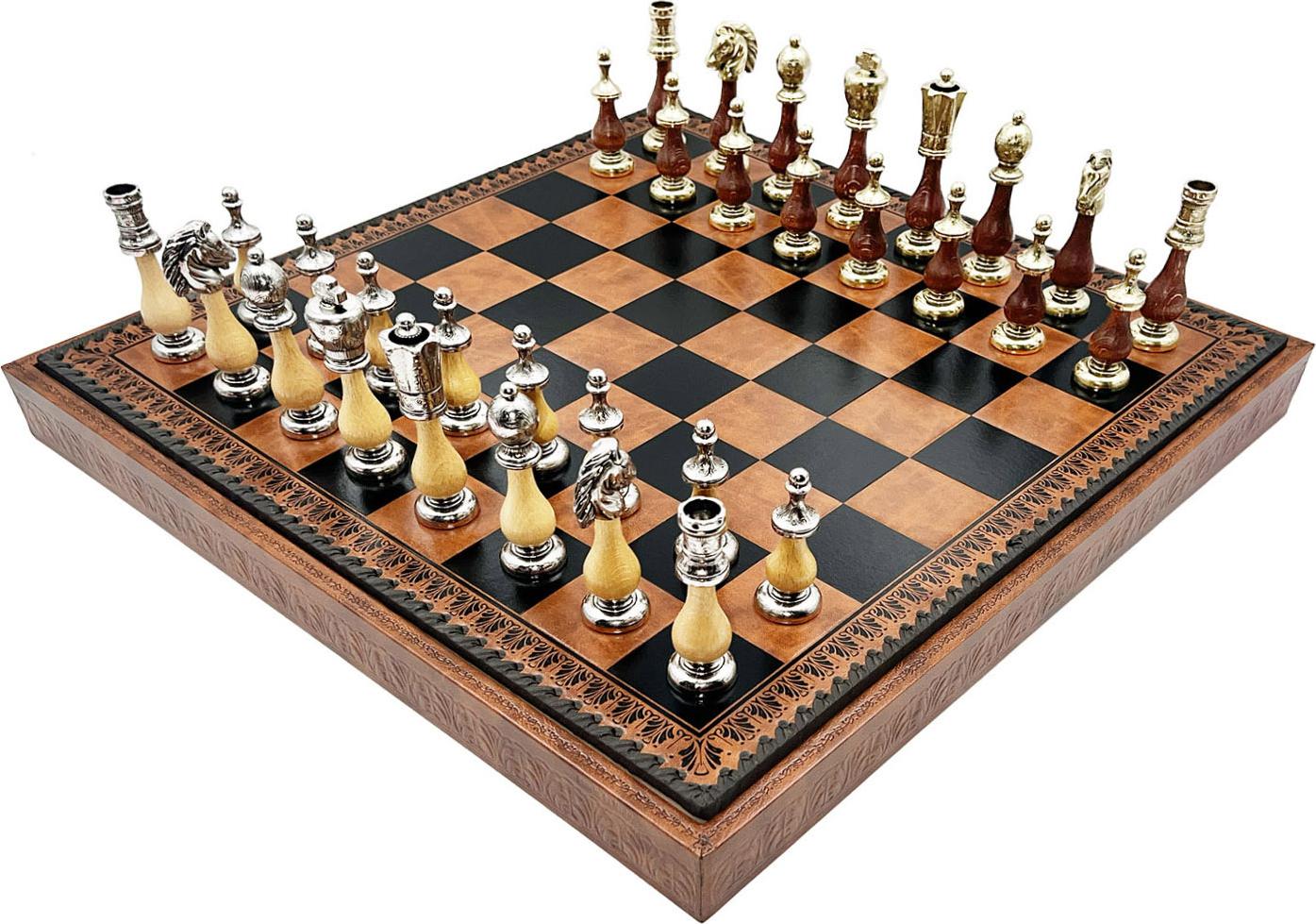 Italienische Schachfiguren Metall/Holz Arabeske + Schachbrett Braun/Schwarz 48