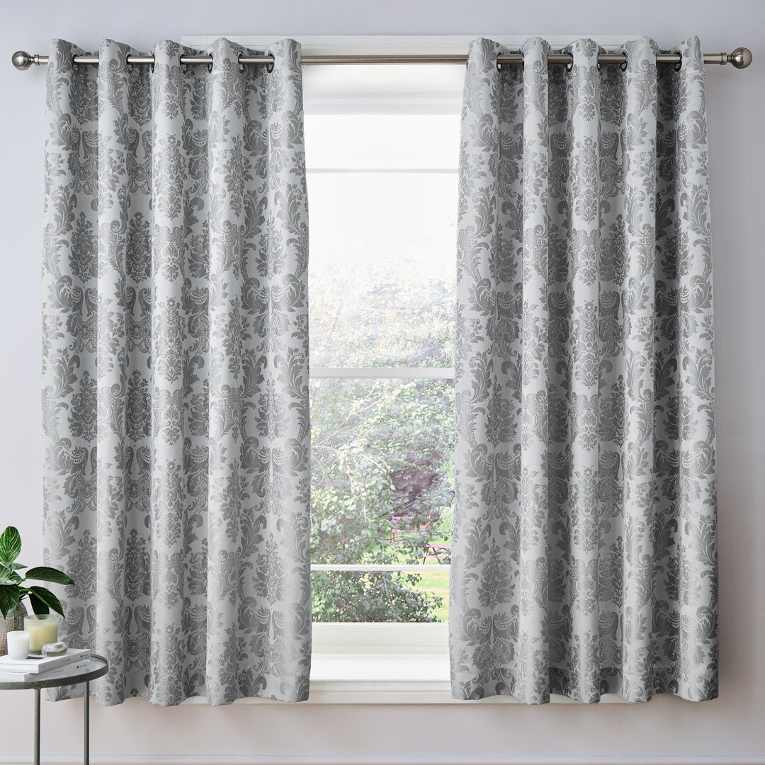 Catherine Lansfield Damask Jacquard Lined Eyelet Curtains Silver Grey 168 W x 183 D cm