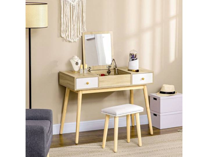 Coiffeuse moderne couleur bois avec miroir coulissant organiseur bijoux 2 tiroirs et tabouret