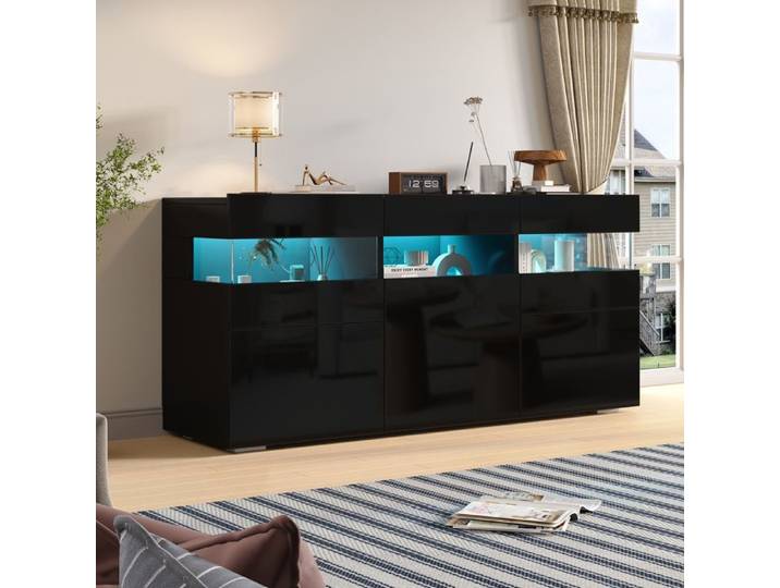Buffet Noir Brillant - avec 3 Portes - Enfilade avec Porte Acrylique Transparent - MERAX - 140 x 40 5 x 66 5 cm