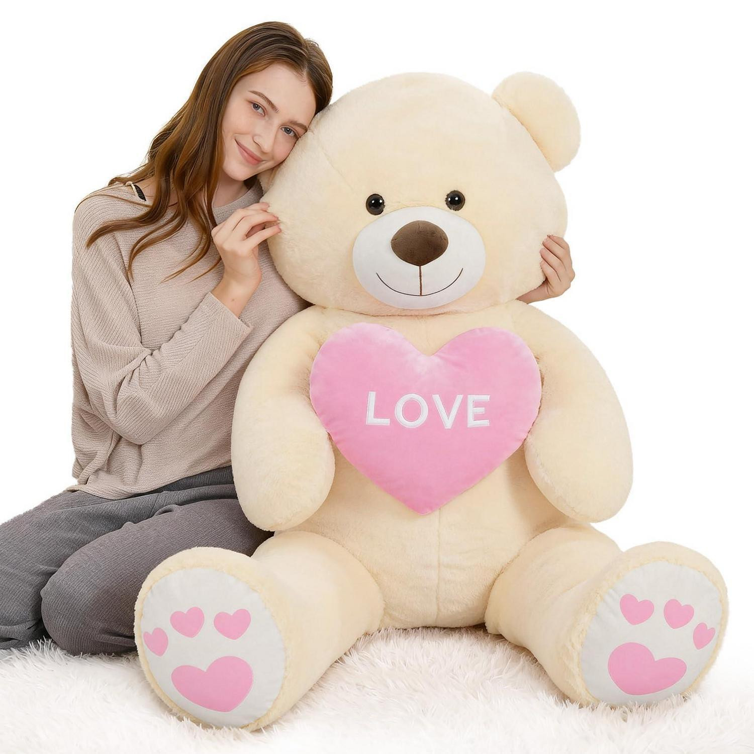 MorisMos XXL knuffelbeer met hart en tekst Ik hou van jou, beige, 130 cm