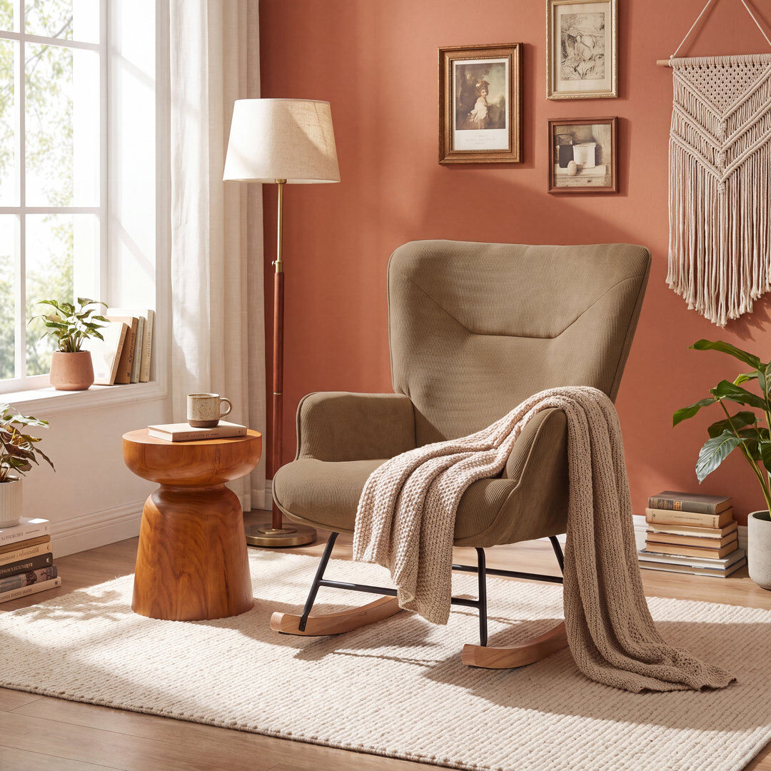 Norden Home Solid Wood and Iron Rocking Chair Corduroy/Camel 89cm H X 62cm W X 78.5cm D