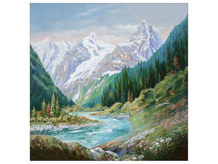 Tableau Rivière en montagne Cadre : panneau de fibres de bois MDF Revêtement : toile Blanc/Vert/Bleu 40 x 40 x 2cm