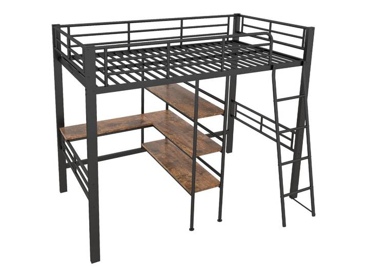 Komhtom Hochbett 90x200cm mit Schreibtisch in Schwarz Metall, Mode, 90x200 cm, Babymöbel & Kindermöbel, Kinderzimmer & Jugendzimmer, Kinderbetten, Hochbetten