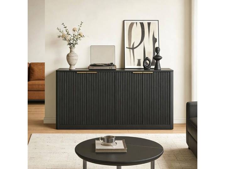 Buffet bas - Buffet moderne noir - 150 x 40 x 70 5 cm - 4 portes - Design ondulé