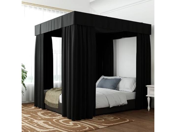 Hvqic Schwarze Betthimmel Bettvorhänge – 4 Eckpfosten Bettvorhänge California King Bett Vorhänge lichtdichte Vorhänge Betthimmel für Erwachsene und Mädchen Schlafzimmer Dekoration (California King,
