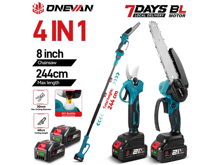Scie à branches électrique sans balais ONEVAN 4 en 1 de 8 pouces et sécateur à branches avec perche télescopique pour batterie Makita 18V