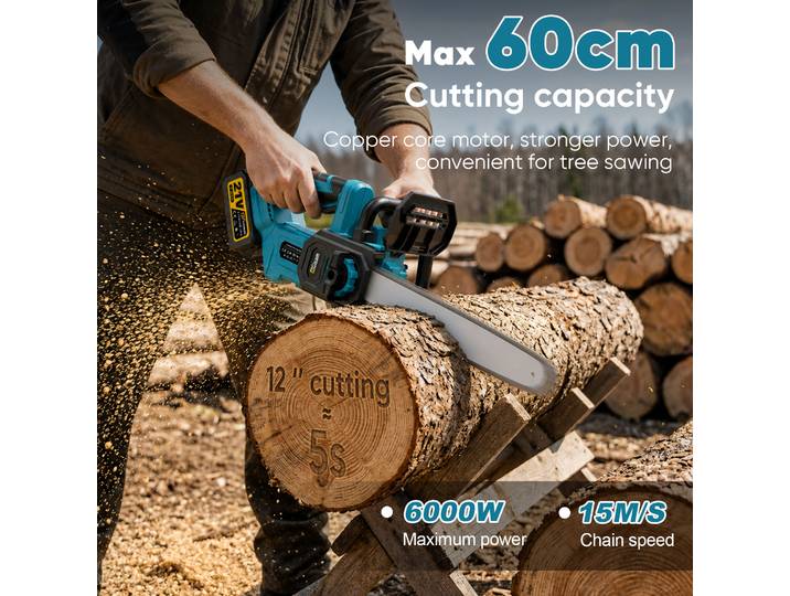 Scie à chaîne électrique sans fil Gisam 12 pouces, scie à chaîne portative sans fil, outils électriques pour l'élagage des jardins, compatible avec la batterie Makita 18V