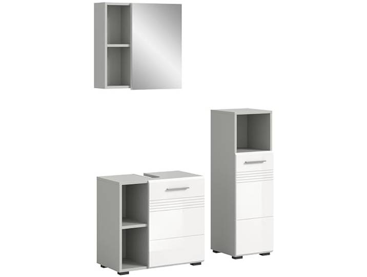 xonox.home Badezimmer Copa 3tlg. Kombination Badmöbel Set kleine Bäder Komplettprogramm Bademöbel-Set in Front weiß Hochglanz tiefzieh Korpus hellgrau Nb.
