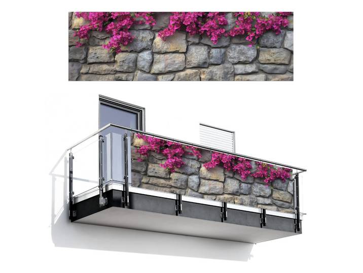 MuchoWow Balkon-Sichtschutz Bougainvillea - Steinmauer - Rosa, Magenta, Kunststoff, Rechteckig, 300x90 cm, Sonnenschutz, Sichtschutz