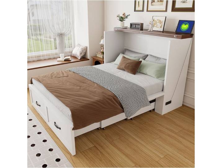 SENVIRO Lit pliant escamotable 140 x 200 cm rangement prise blanc