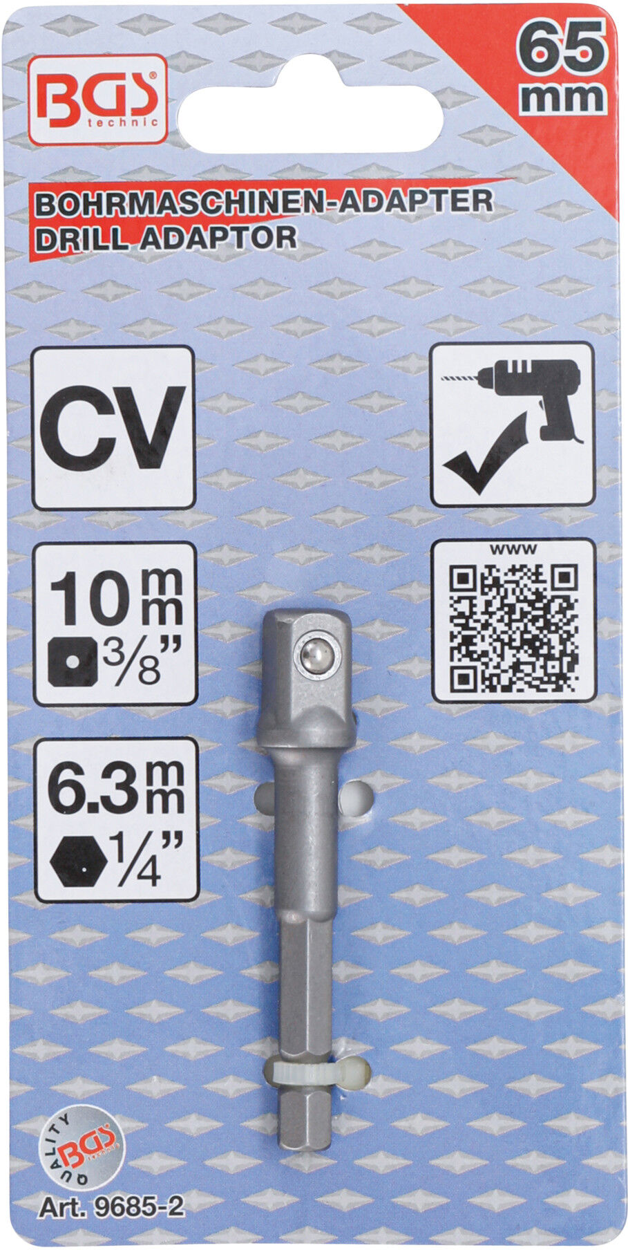 BGS Adapter für Bohrmaschinen 9685-2, Antrieb Außensechskant 6,3 mm (1/4") / Abtrieb Außenvierkant 10 mm (3/8") ; BGS technic)