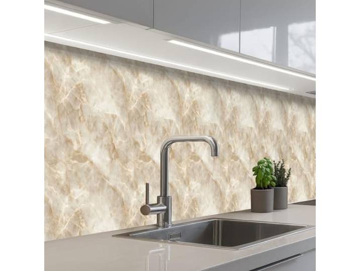 KitchenYeah© Spritzschutz Küchenrückwand Selbstklebend Küche Rückwand 60x500 cm - Küchenwand Wand Küchenfront Verkleidung Küchenspritzschutz Hellbeige - Onyx - Dezent