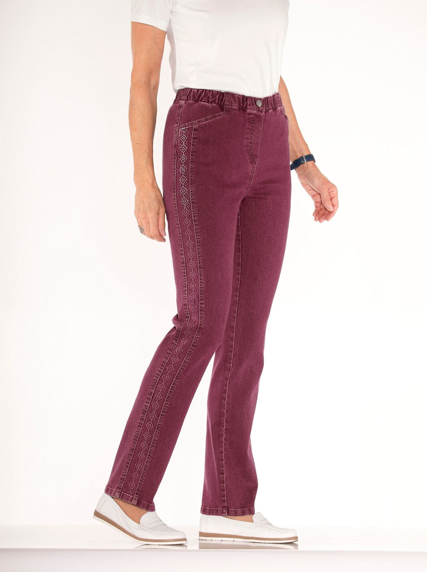 Bequeme Jeans CLASSIC BASICS, Damen, Gr. 215, Extrakurzgrössen, rot (bordeaux), 81% Baumwolle, 17% Polyester, 2% Elasthan, unifarben, lang, Jeans Bequeme Jeans bordeaux 215, Extrakurzgrössen