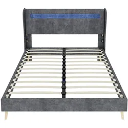OKWISH Polsterbett Stoff Grau 140x200 cm mit LED-Beleuchtung, verstellbarer Rückenlehne und Metallrahmen